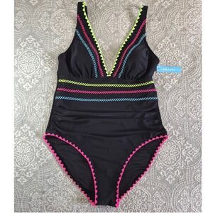 Popvil One Piece Swimsuit Black Neon Embroidered Ruched Tummy Control Large